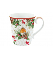 Кружка, 275 мл, фарфор P, белая, с красным кантом, Птица и ягоды, Christmas Berries